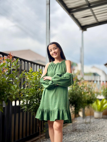 Off Shoulder Dress | Puff Sleeve Dress | Cotton Dress | Double Gauze dress |Ruffled hem Double Gauze dress