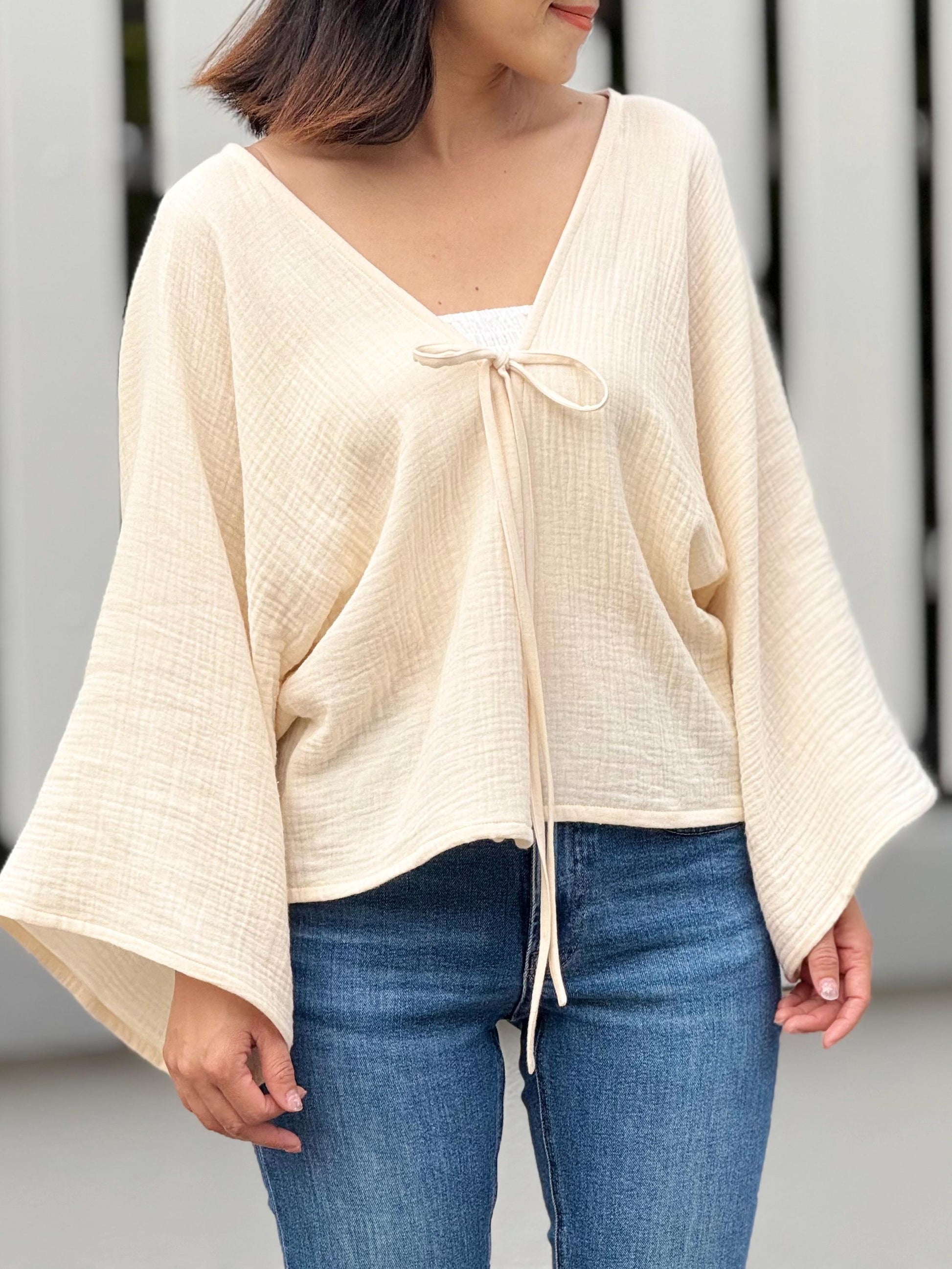 Muslin Double Gauze Bow Laced Blouse | Long Sleeve Loose Top
