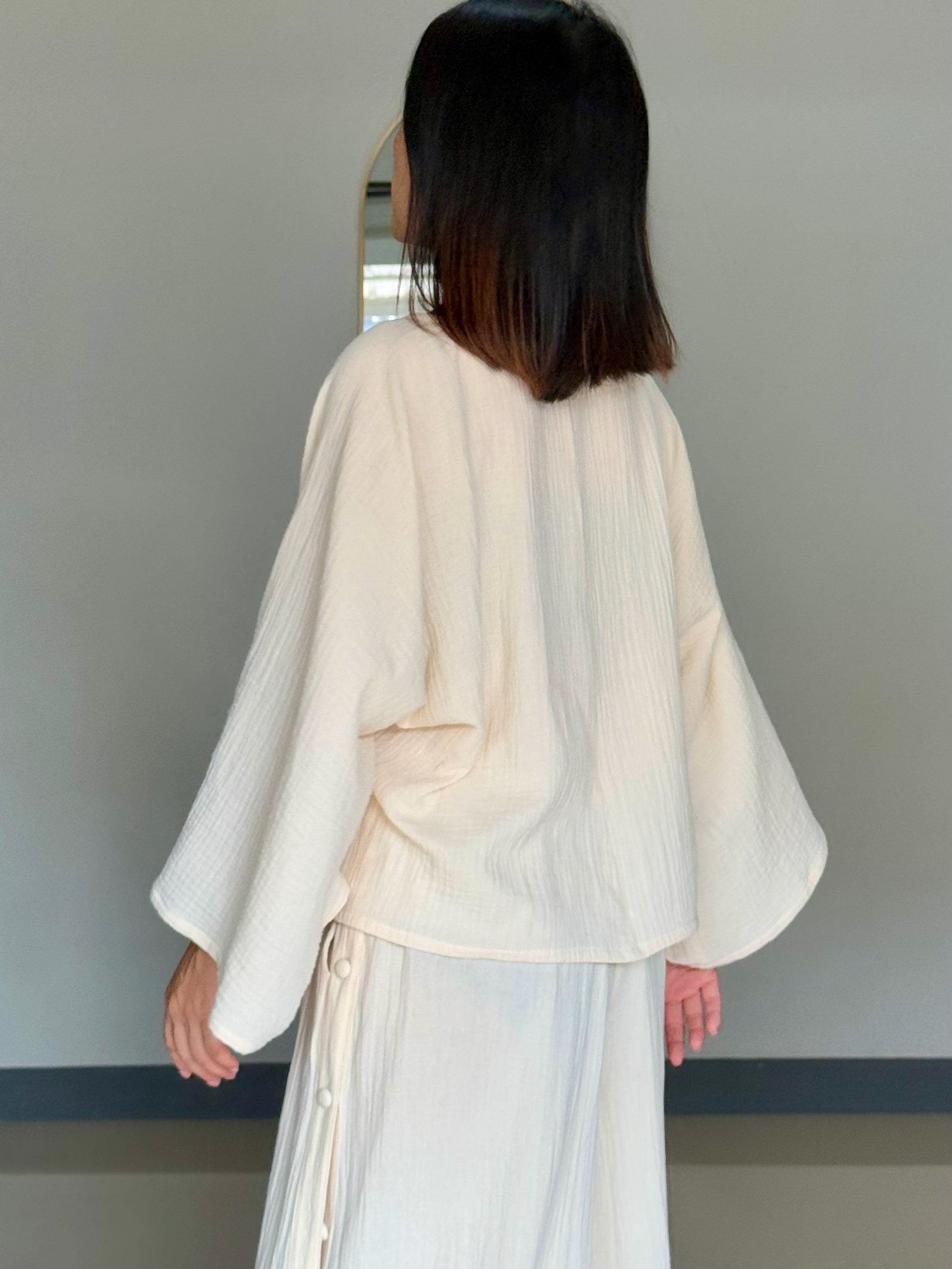 Muslin Double Gauze Bow Laced Blouse | Long Sleeve Loose Top