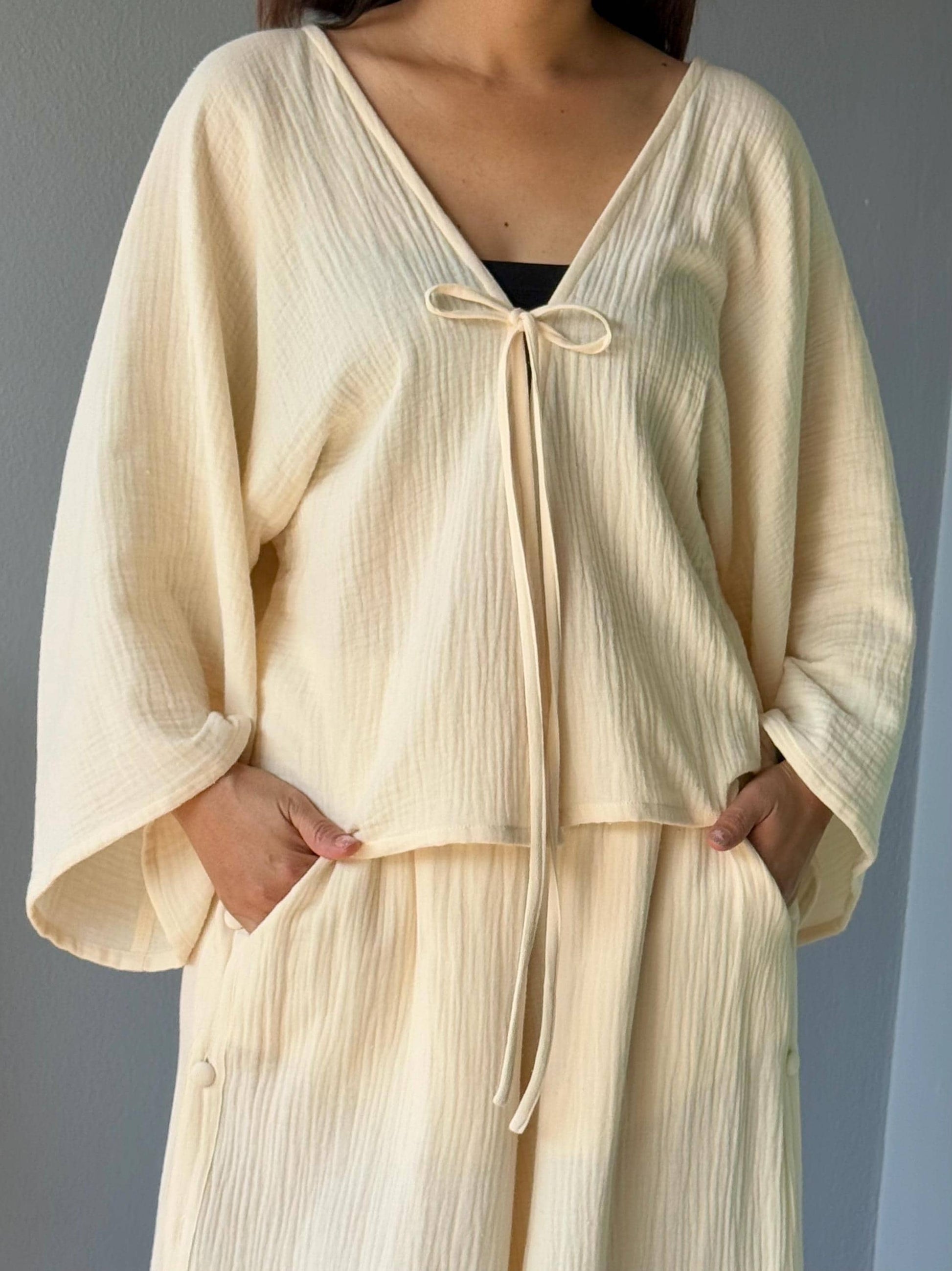 Muslin Double Gauze Bow Laced Blouse | Long Sleeve Loose Top