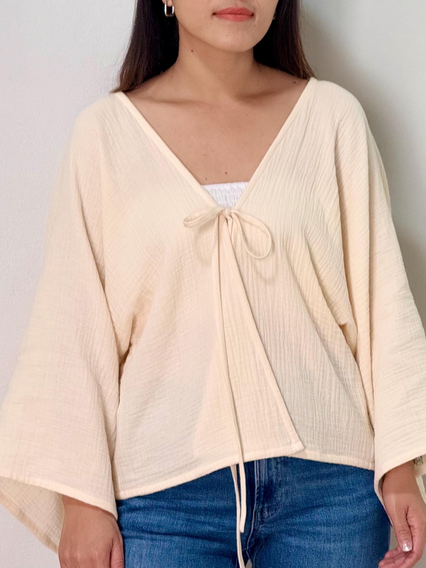 Muslin Double Gauze Bow Laced Blouse | Long Sleeve Loose Top