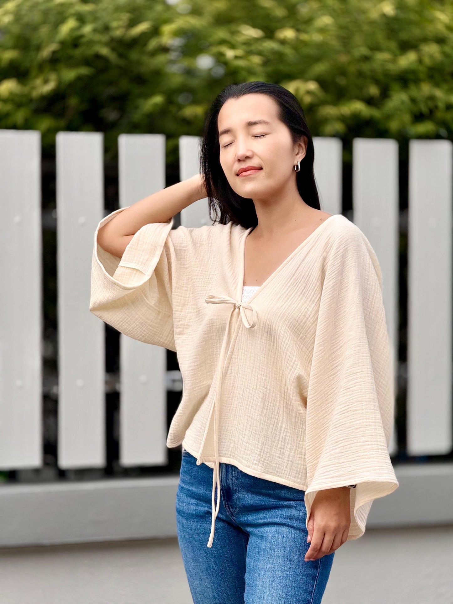 Muslin Double Gauze Bow Laced Blouse | Long Sleeve Loose Top