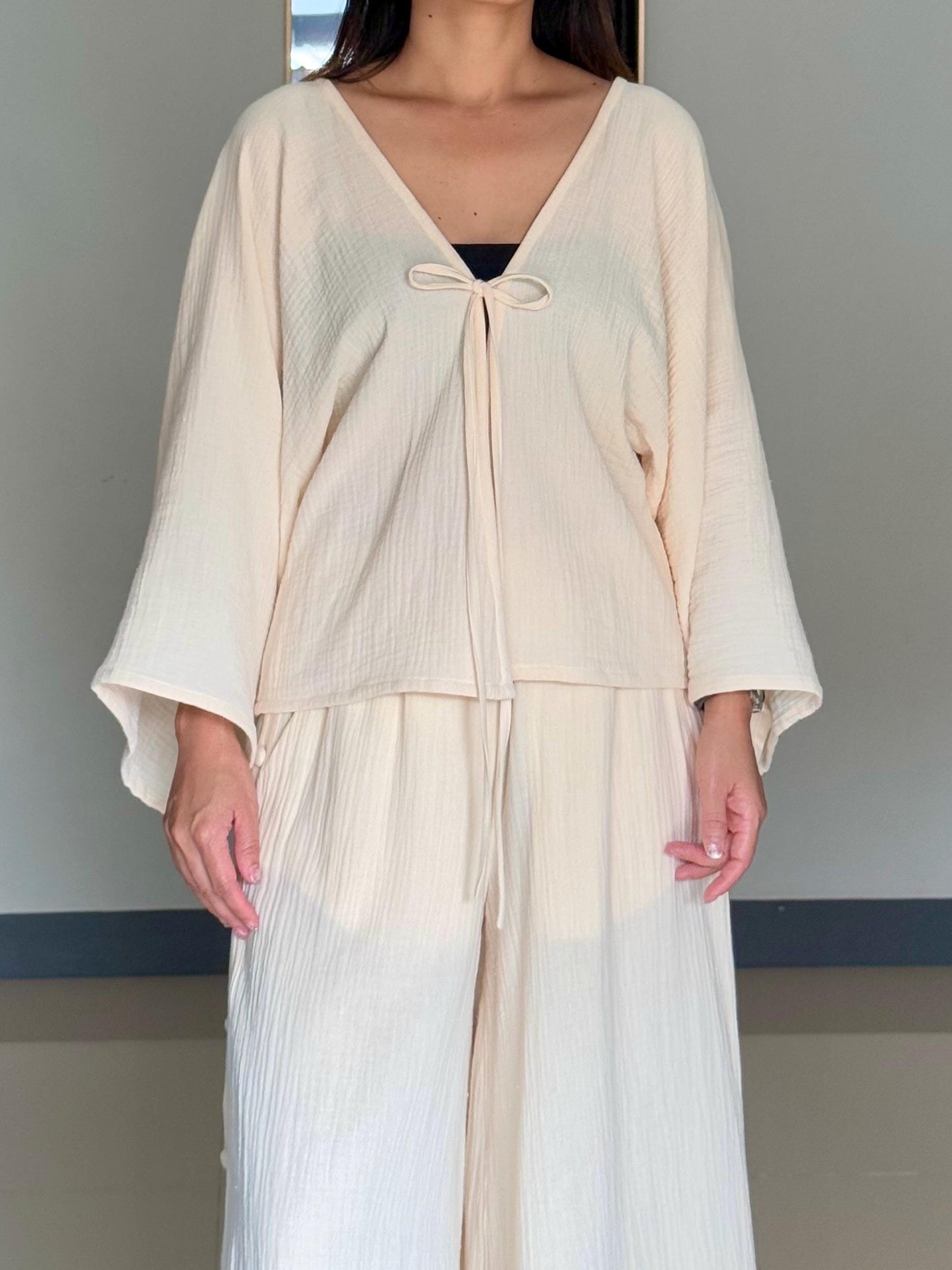 Muslin Double Gauze Bow Laced Blouse | Long Sleeve Loose Top