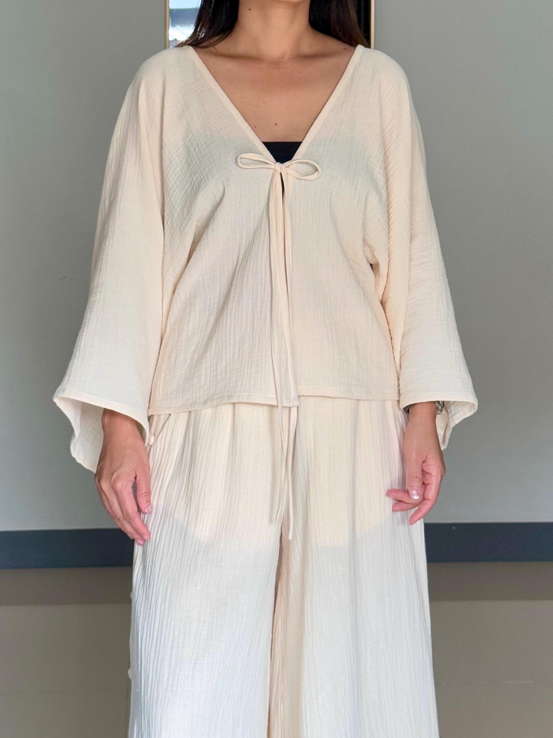 Muslin Double Gauze Bow Laced Blouse | Long Sleeve Loose Top