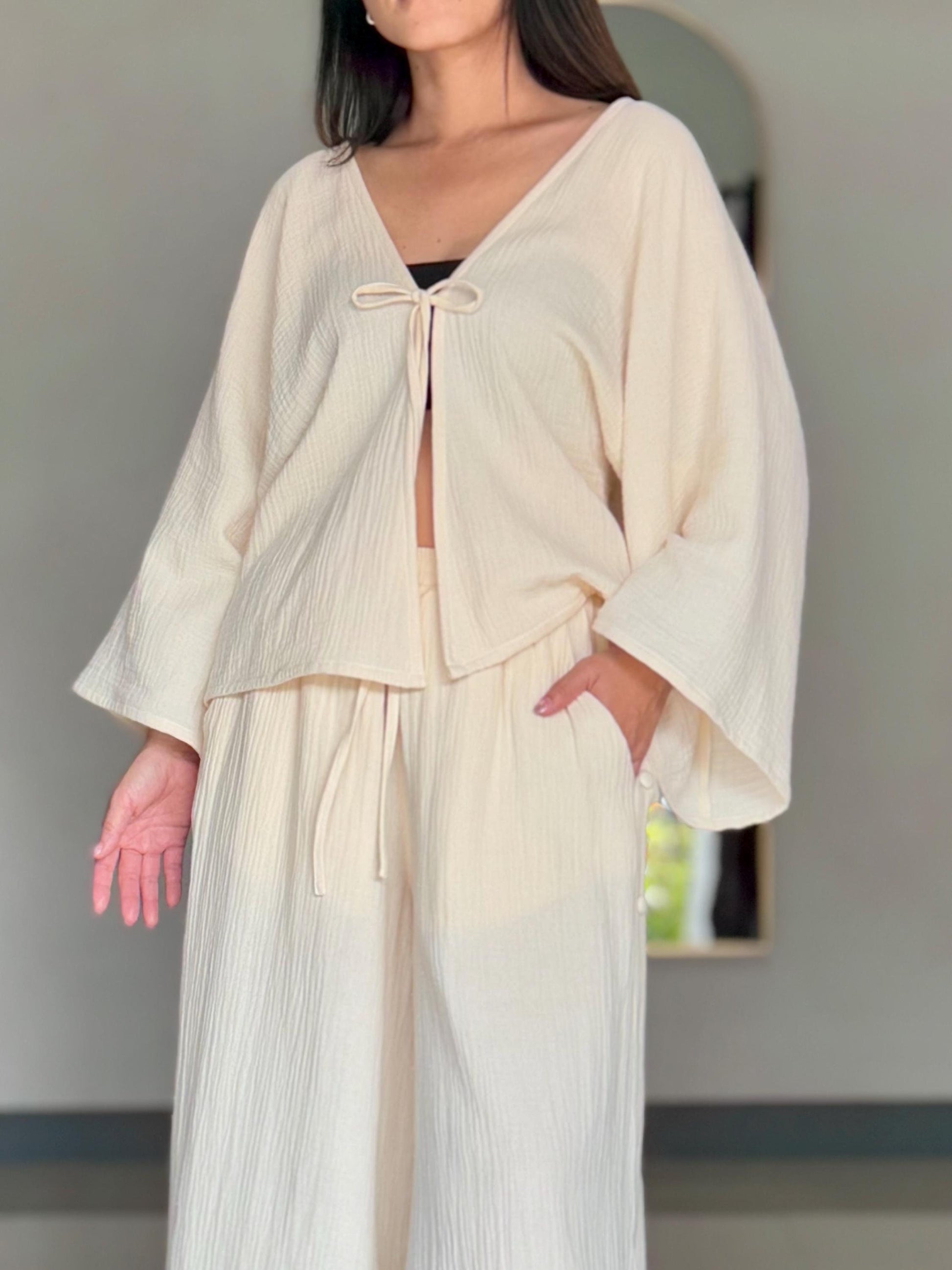 Muslin Double Gauze Bow Laced Blouse | Long Sleeve Loose Top