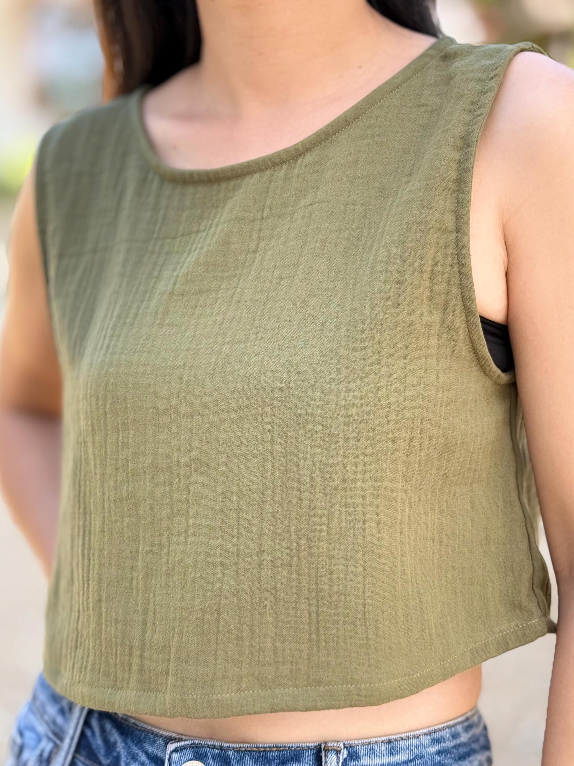 Muslin Double Gauze Sleeveless Crop Top Tank Blouse