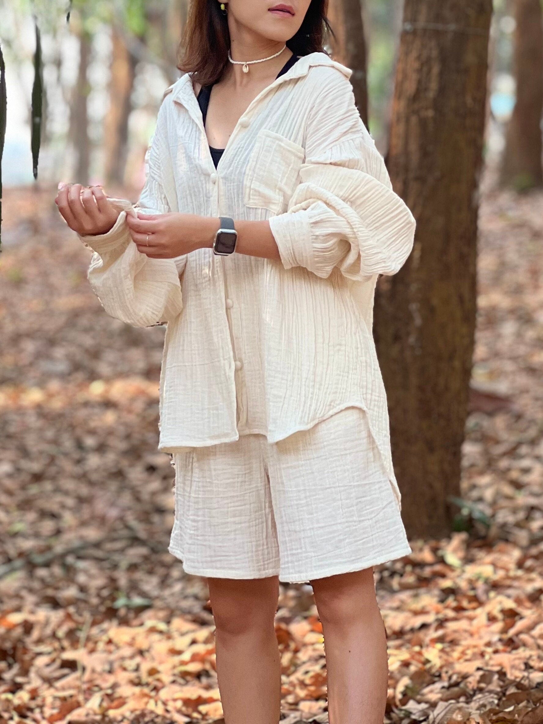 Womens Double Gauze Muslin Top and Pants Set Shorts - Loungeware