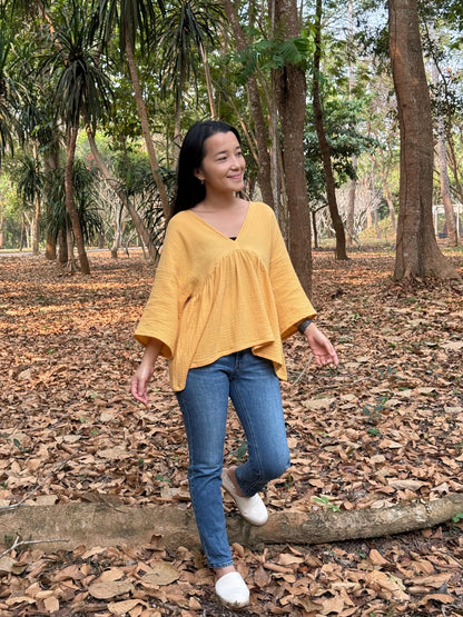 Boho Flare V-Neck Blouse in Muslin Double Gauze