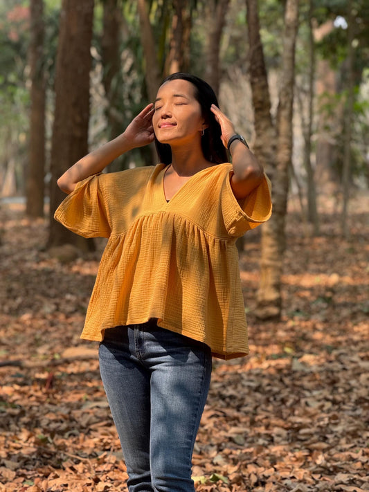 Boho Flare V-Neck Blouse in Muslin Double Gauze