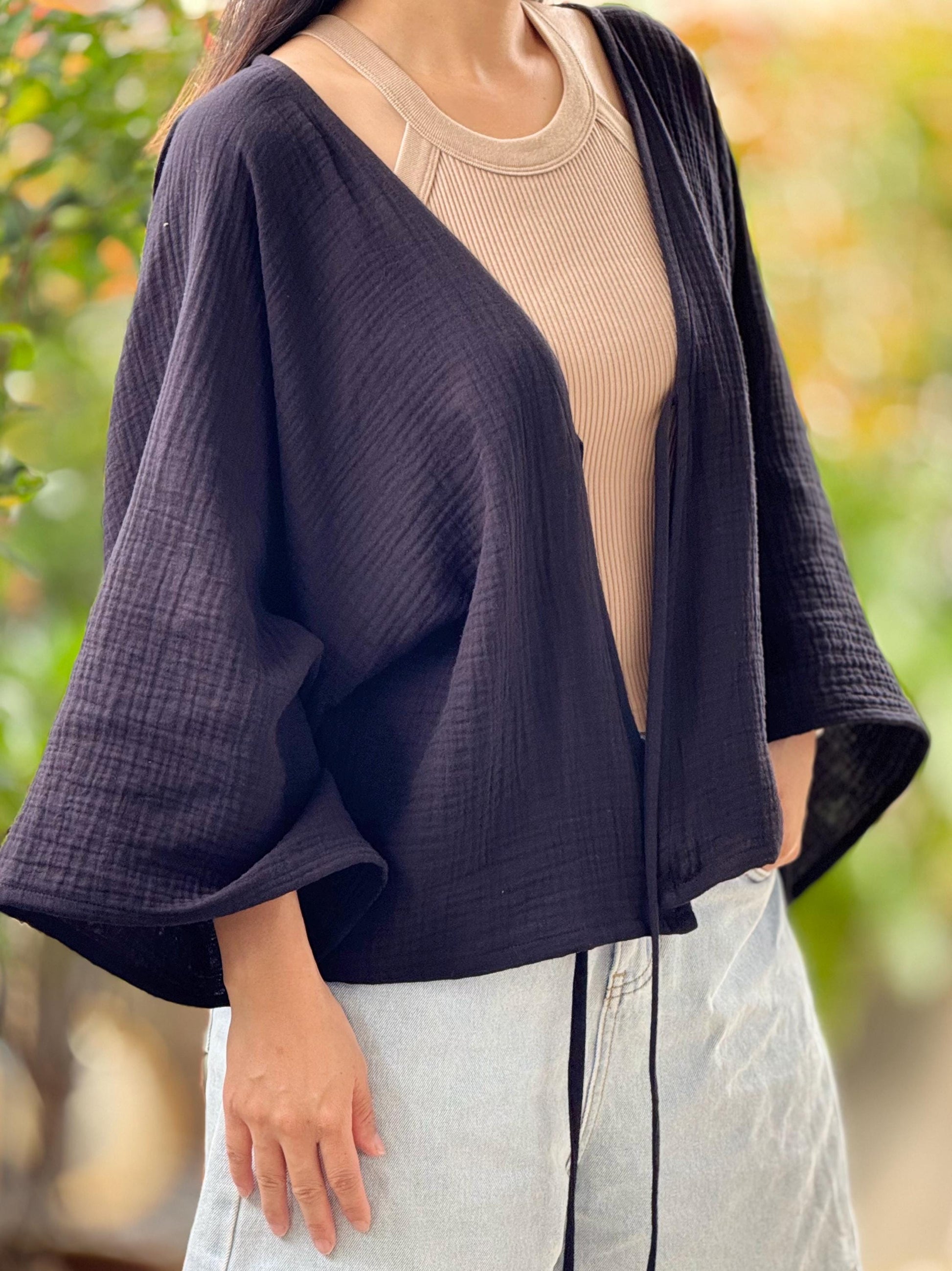 Muslin Double Gauze Bow Laced Blouse | Long Sleeve Loose Top
