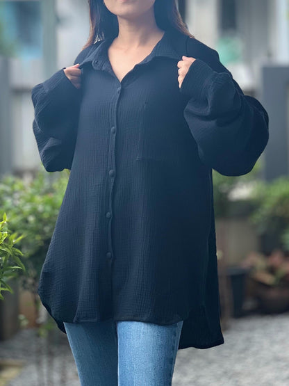 Double Gauze Loose-Fitting Long Sleeve Blouse