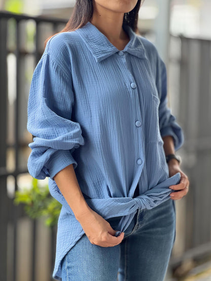 Double Gauze Loose-Fitting Long Sleeve Blouse