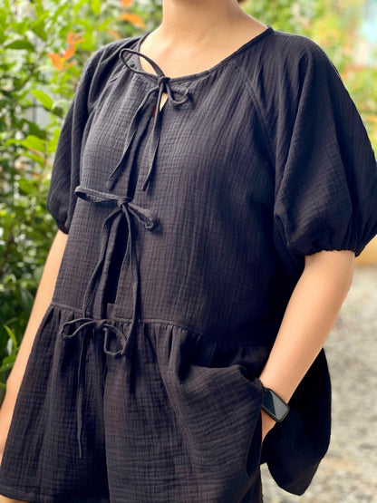 Muslin Double Gauze Loose String-Tie Blouse