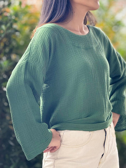 Double Gauze Scoop Neck Loose-Fitting Long-Sleeve Blouse