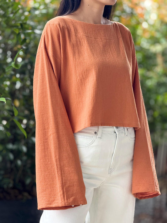 Cotton Wide Neck High-Low Long Sleeve Top