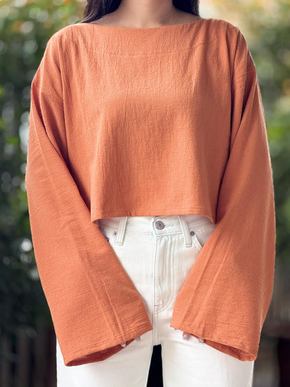 Cotton Wide Neck High-Low Long Sleeve Top