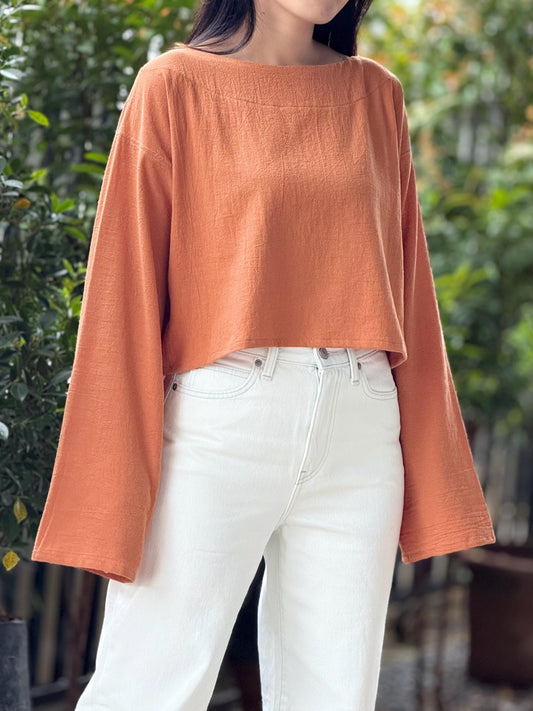 Cotton Wide Neck High-Low Long Sleeve Top