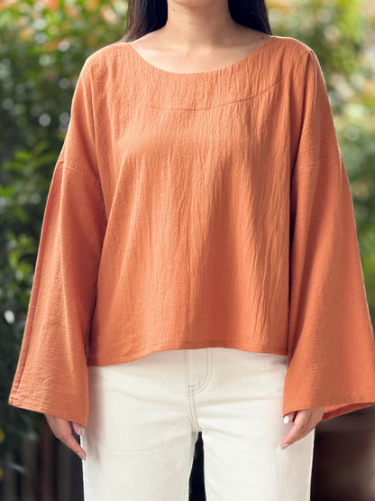 Cotton Scoop Neck Loose-Fitting Long-Sleeve Blouse