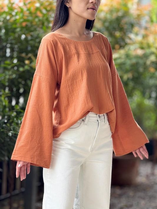 Cotton Scoop Neck Loose-Fitting Long-Sleeve Blouse