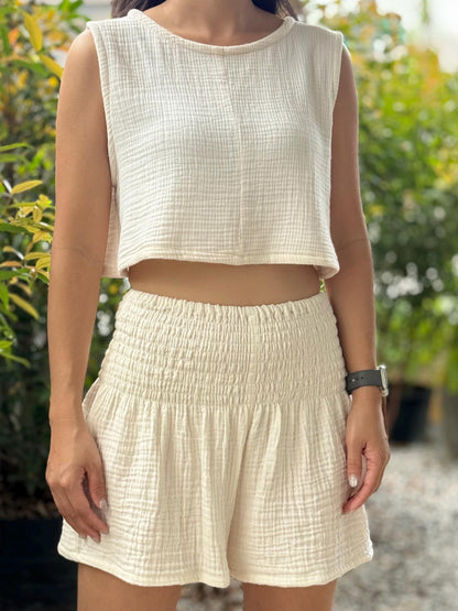 Double Gauze Muslin Smocked Waist Shorts