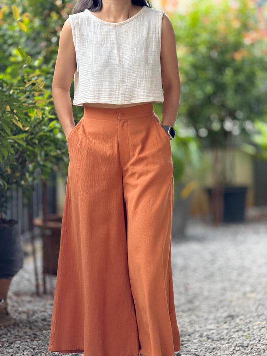 Cotton Wide Leg Pants with Front Zipper