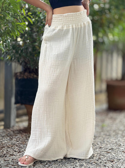 Casual Smocked Waist Cotton Gauze Trousers /Gauze Muslin Pants - Loungeware
