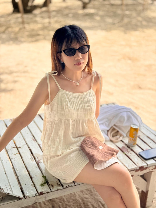 Organic Cotton Tie-Strap Top | Adjustable Shoulder Bow Cami | Crinkle Double Gauze Ruffle Tank | Breathable Minimalist Summer Blouse