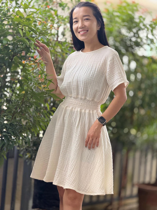 Muslin Double Gauze Dress | Smocked Waist & Back Zipper Design