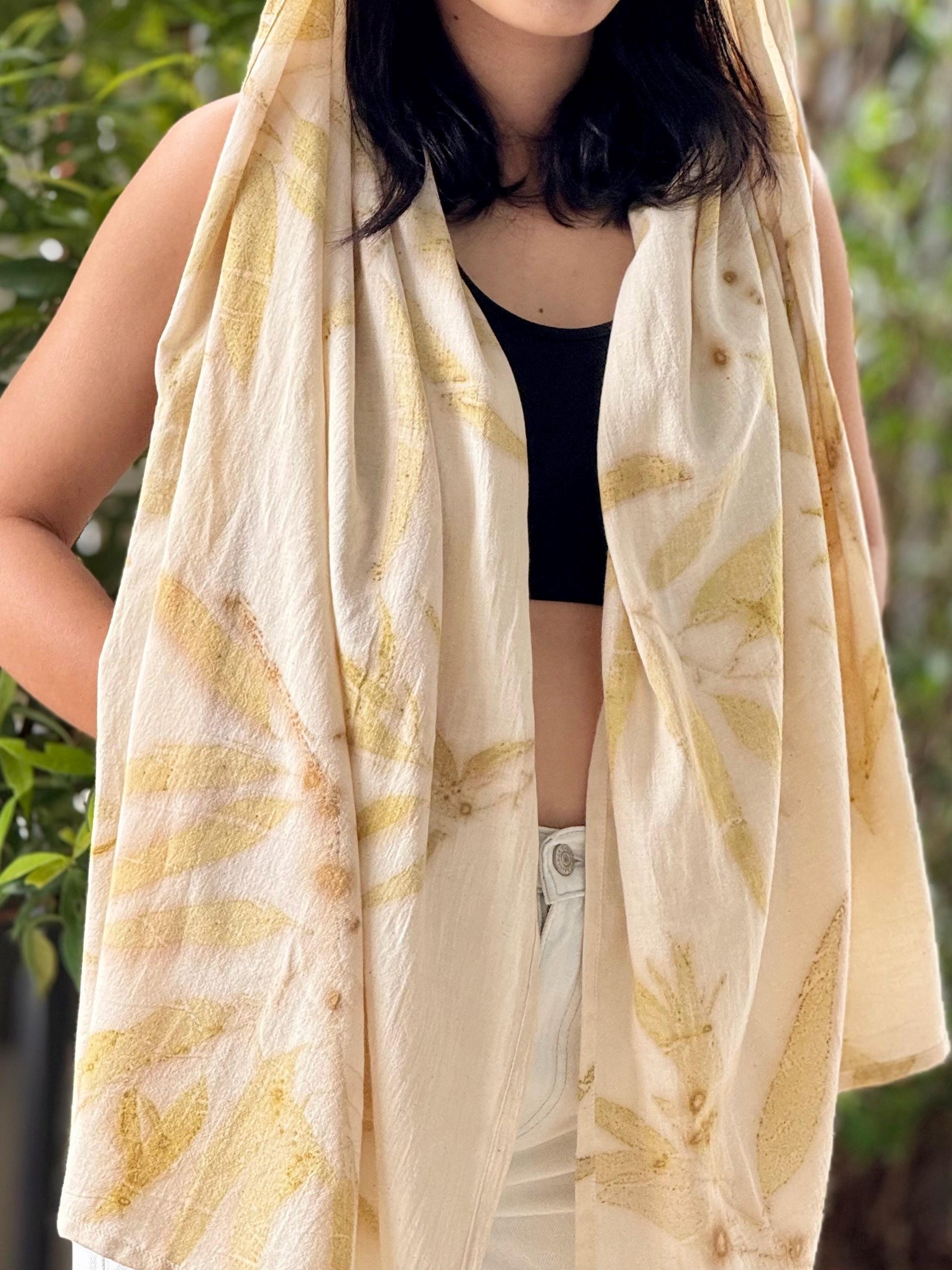 1-Layer Muslin Cotton Scarf | Eco-Printed Gauze Scarf | Gauze Scarf | Cotton Fiber Wrap | Lightweight Scarf | Soft Muslin Cotton Shawl