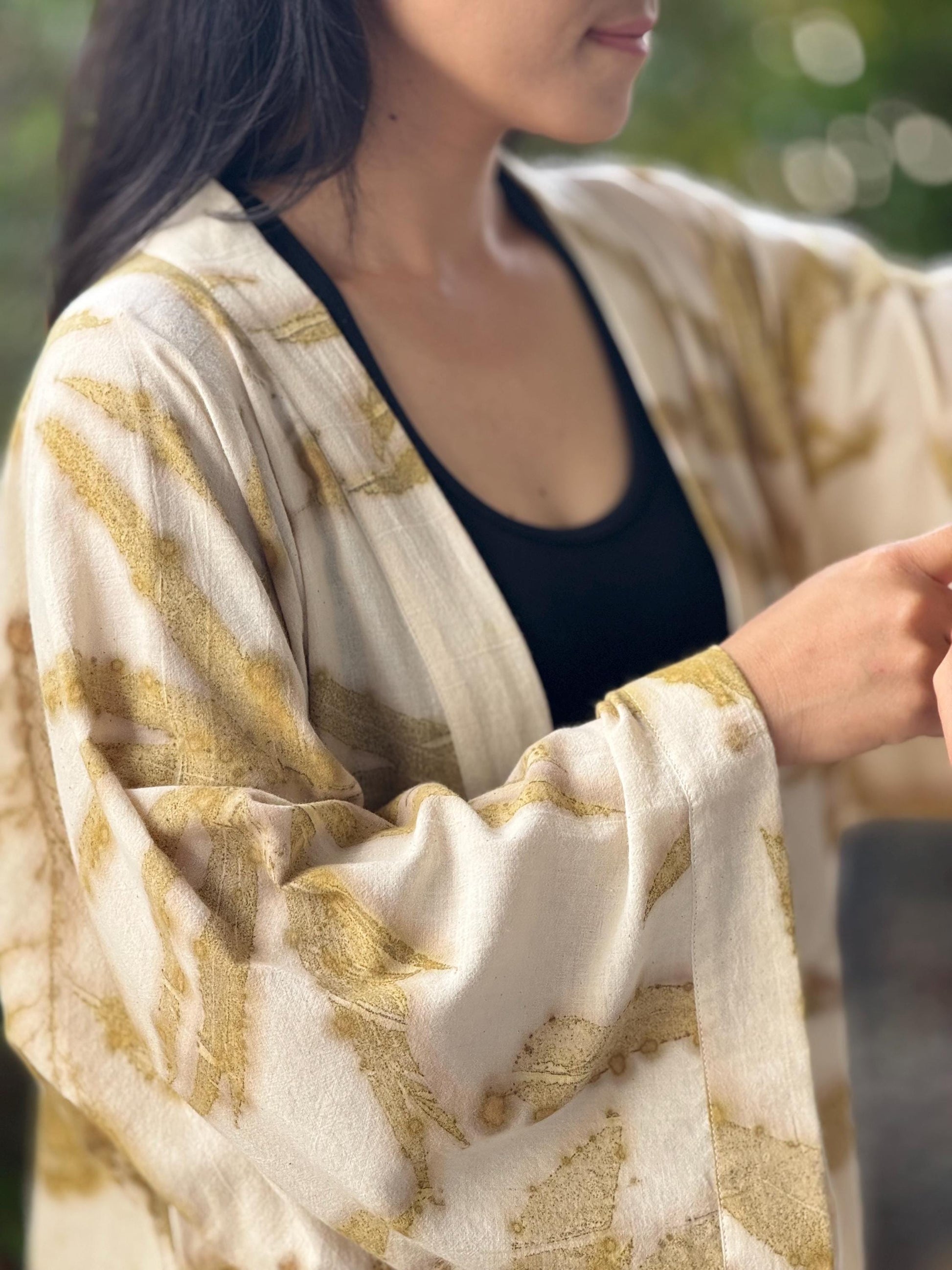 Eco-Printed Muslin Cotton Kimono Loose Cover Up – 1 Layer
