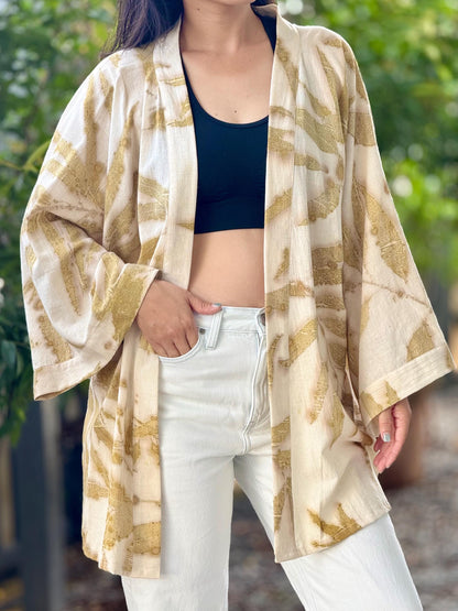Eco-Printed Muslin Cotton Kimono Loose Cover Up – 1 Layer