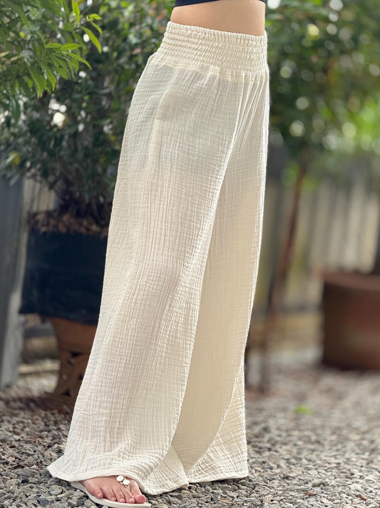 Casual Smocked Waist Cotton Gauze Trousers /Gauze Muslin Pants - Loungeware