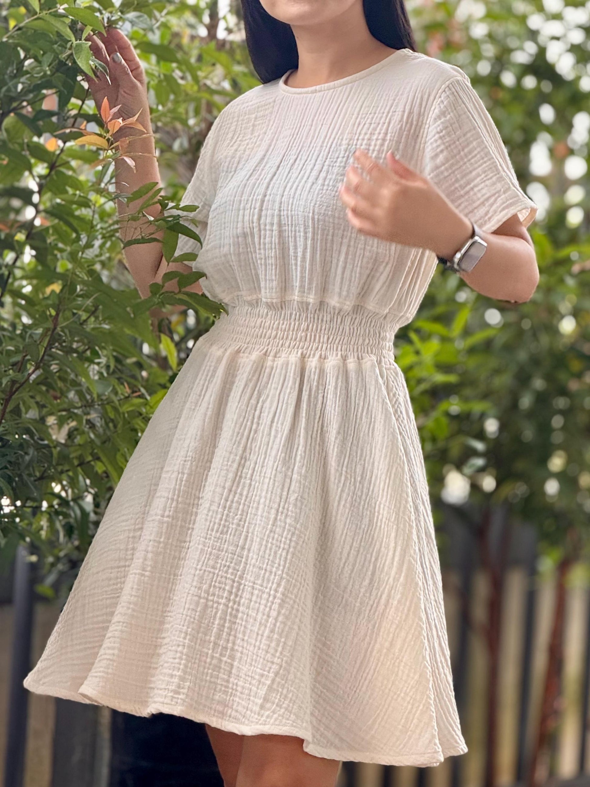 Muslin Double Gauze Dress | Smocked Waist & Back Zipper Design