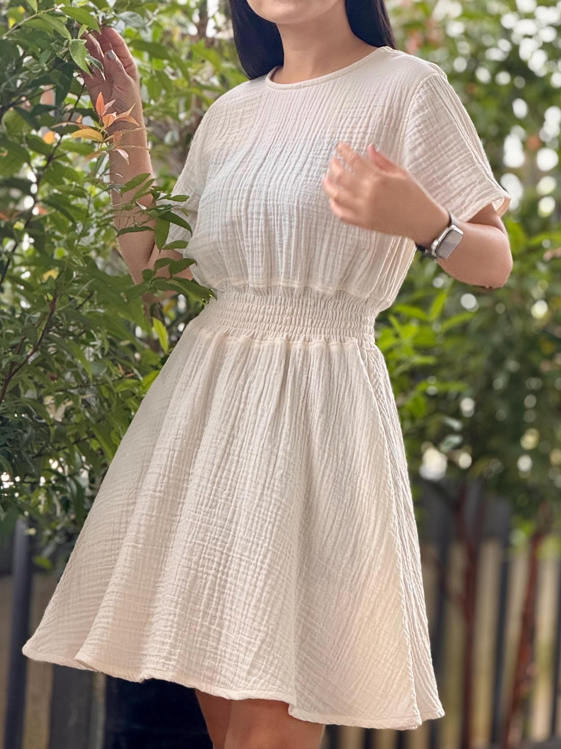 Muslin Double Gauze Dress | Smocked Waist & Back Zipper Design