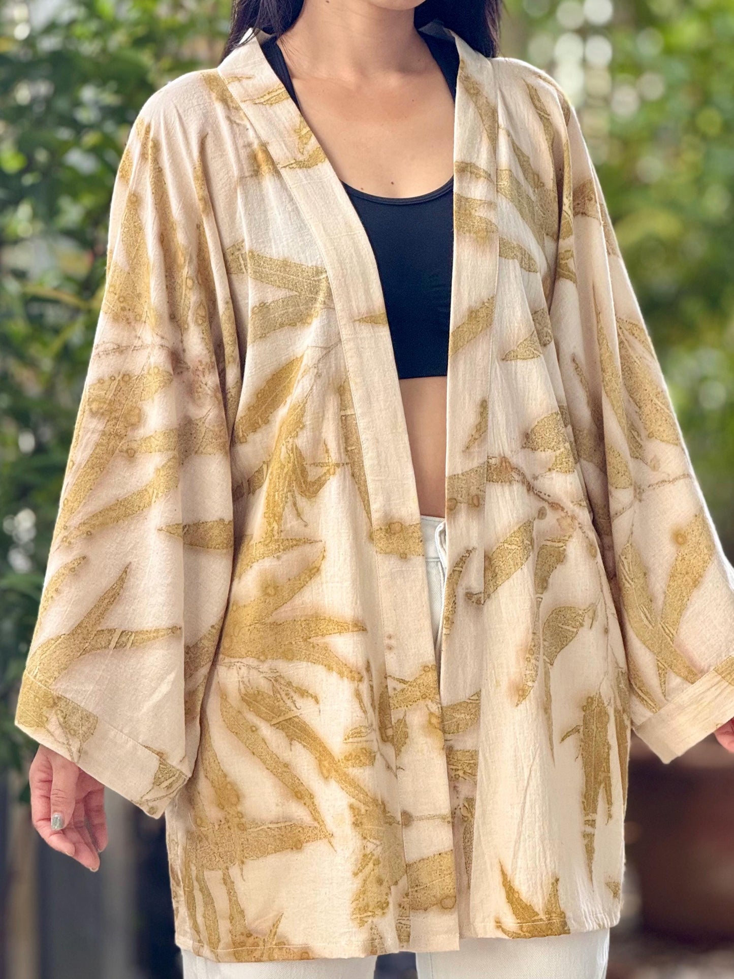 Eco-Printed Muslin Cotton Kimono Loose Cover Up – 1 Layer