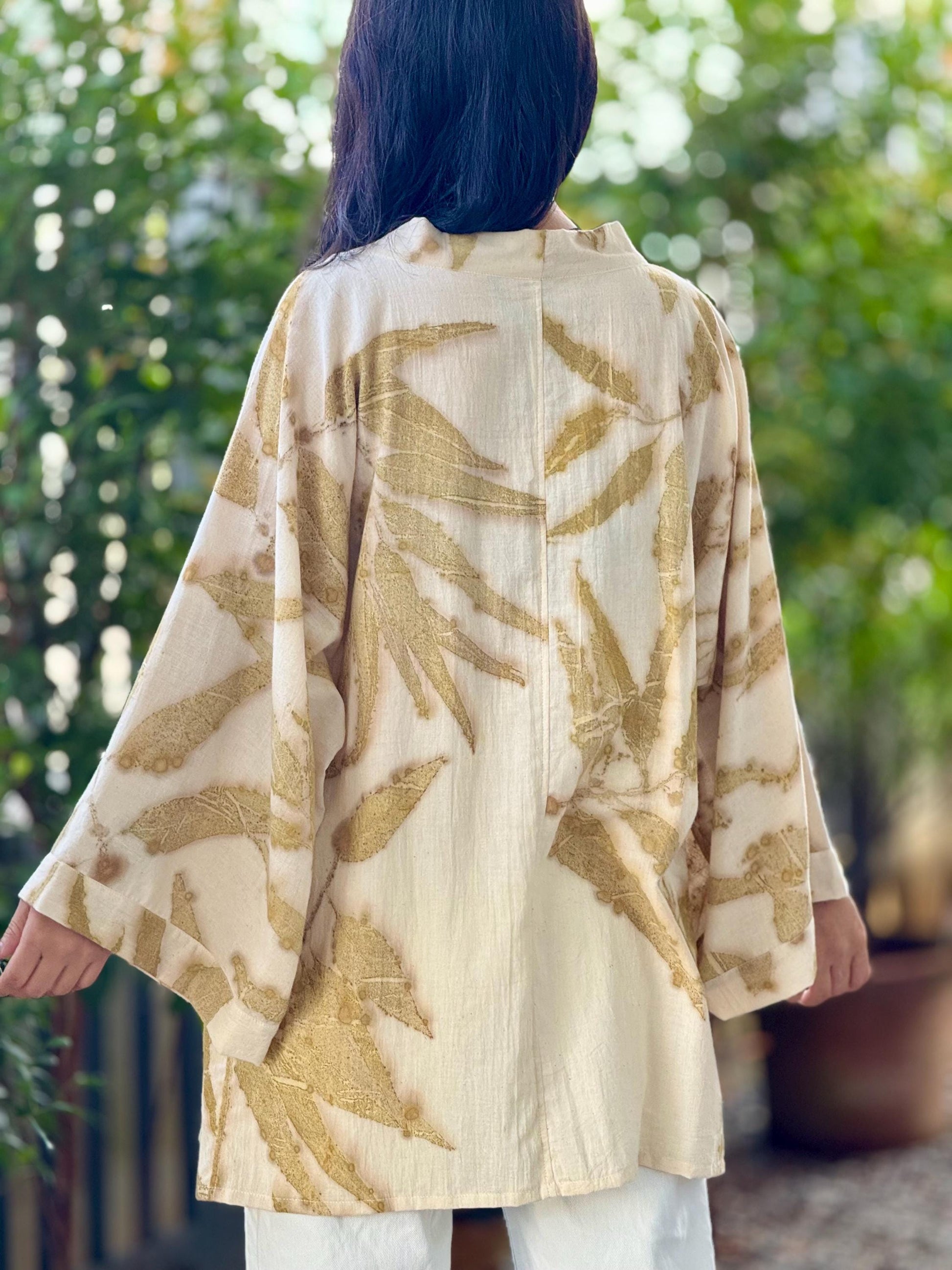 Eco-Printed Muslin Cotton Kimono Loose Cover Up – 1 Layer