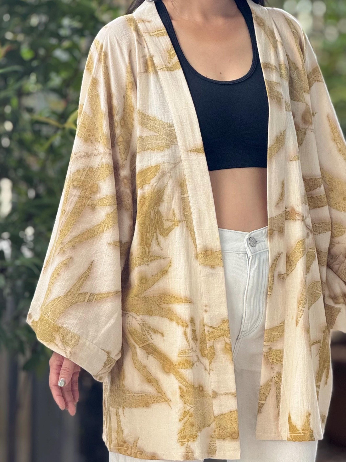 Eco-Printed Muslin Cotton Kimono Loose Cover Up – 1 Layer