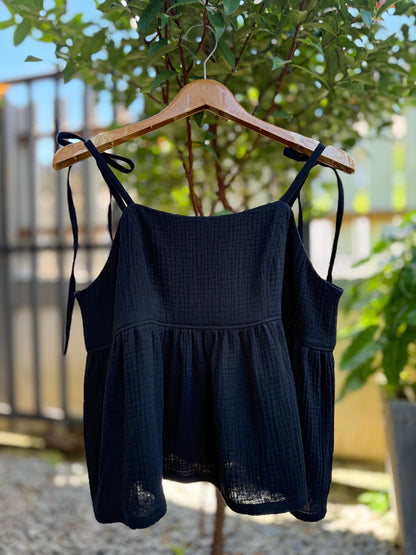 Organic Cotton Tie-Strap Top | Adjustable Shoulder Bow Cami | Crinkle Double Gauze Ruffle Tank | Breathable Minimalist Summer Blouse
