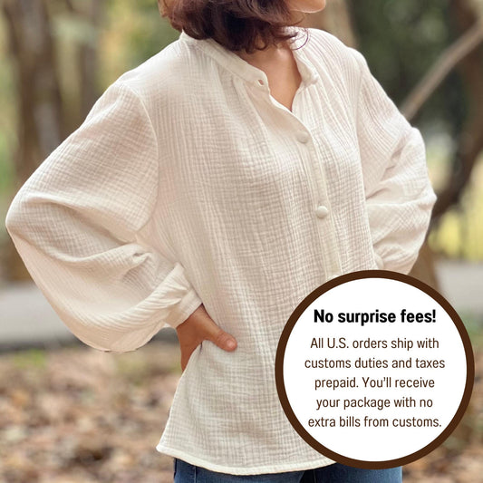 Muslin Double Gauze Band Collar Blouse | Crepe Cotton Loose Fit Shirt | Summer Shirt | Beach Wear | Swimsuit Cover