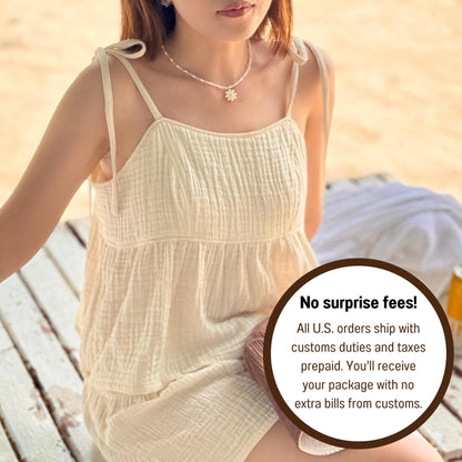 Organic Cotton Tie-Strap Top | Adjustable Shoulder Bow Cami | Crinkle Double Gauze Ruffle Tank | Breathable Minimalist Summer Blouse