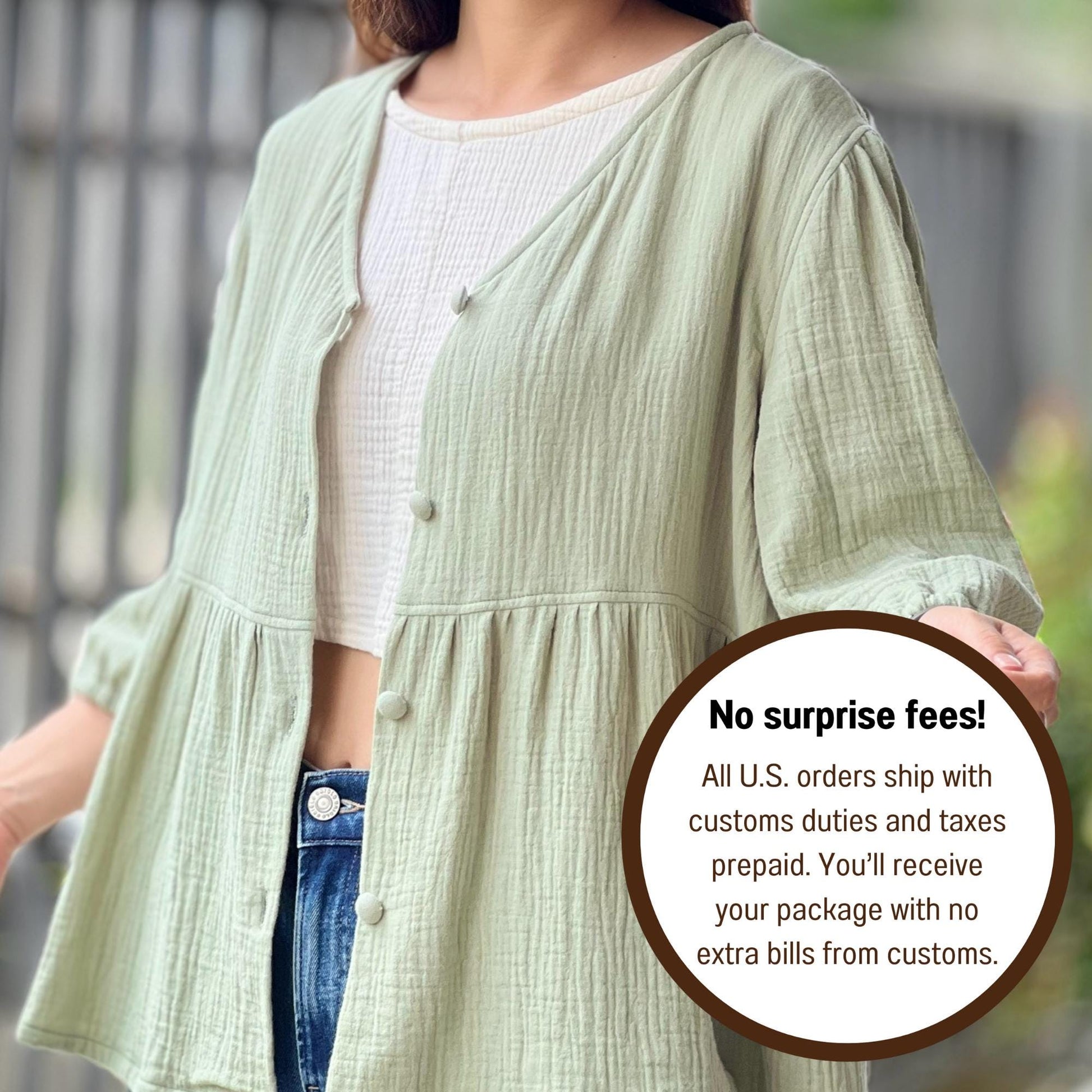 Double Gauze Button Up V-neck Blouse