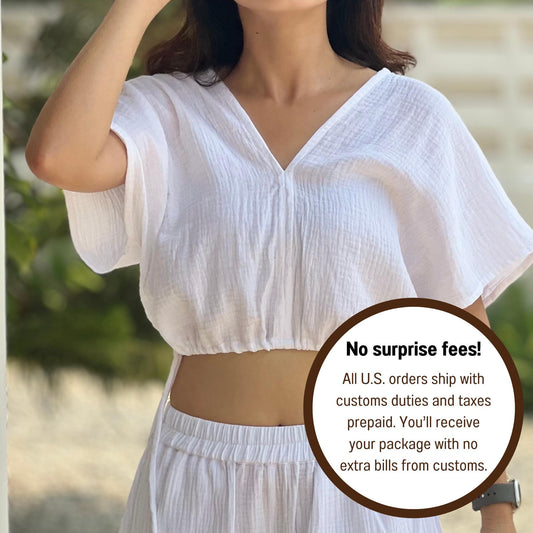 Muslin Double Gauze V-Neck Blouse with Adjustable Crop Top