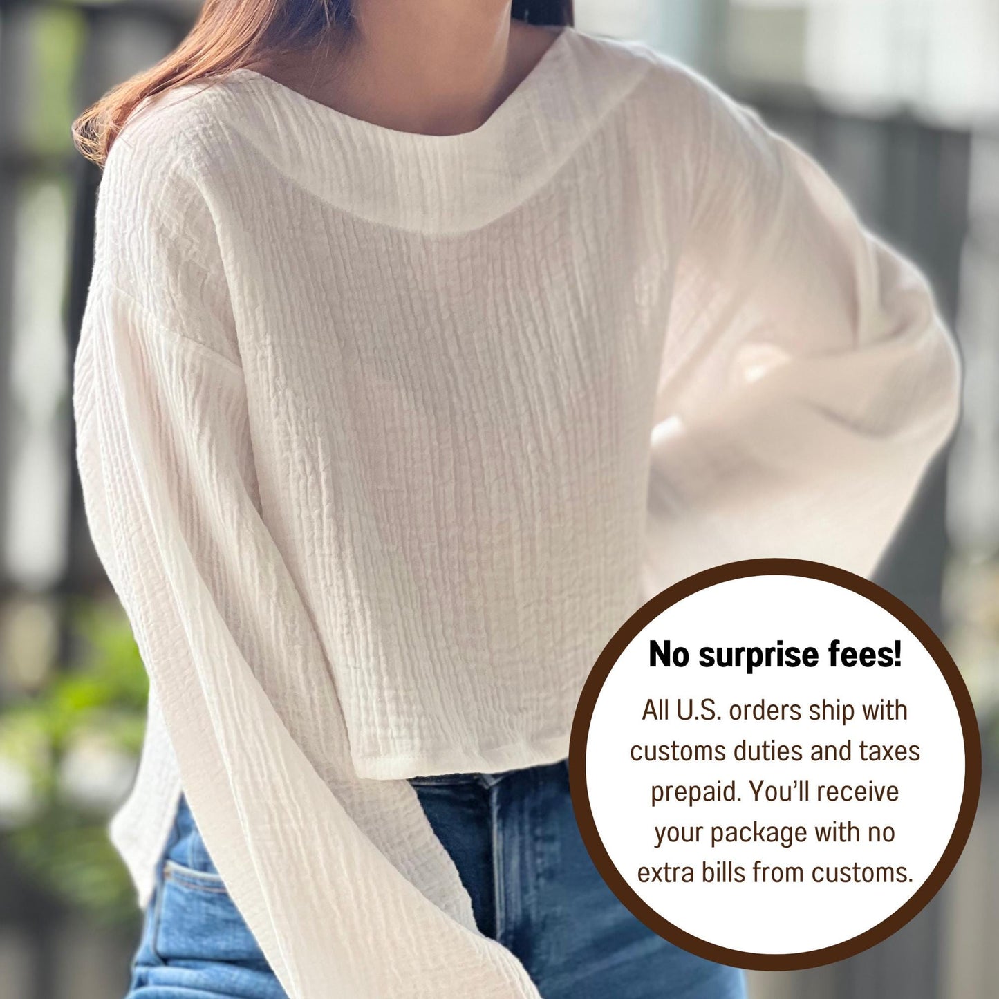 Double Gauze Wide Sleeve Front Crop Blouse