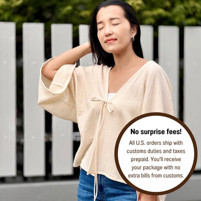 Muslin Double Gauze Bow Laced Blouse | Long Sleeve Loose Top