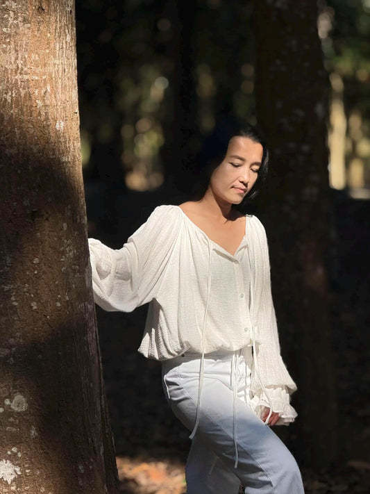 Minimal Cotton Linen Bow Blouse
