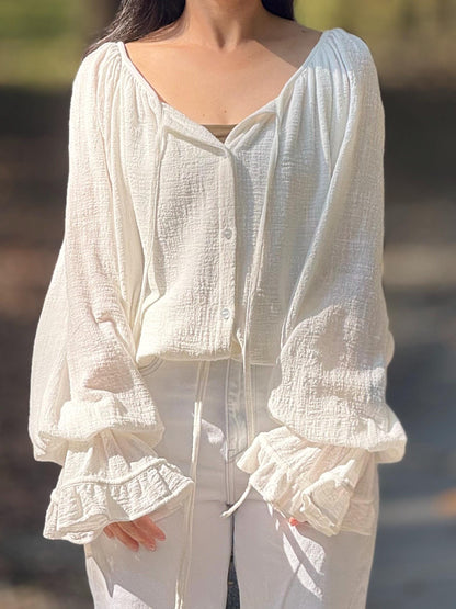 Minimal Cotton Linen Bow Blouse