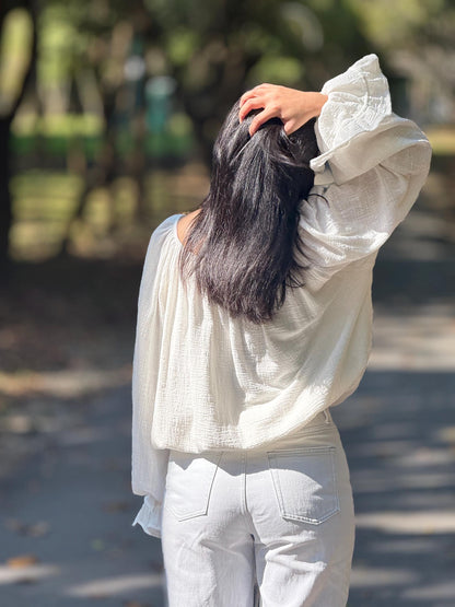 Minimal Cotton Linen Bow Blouse