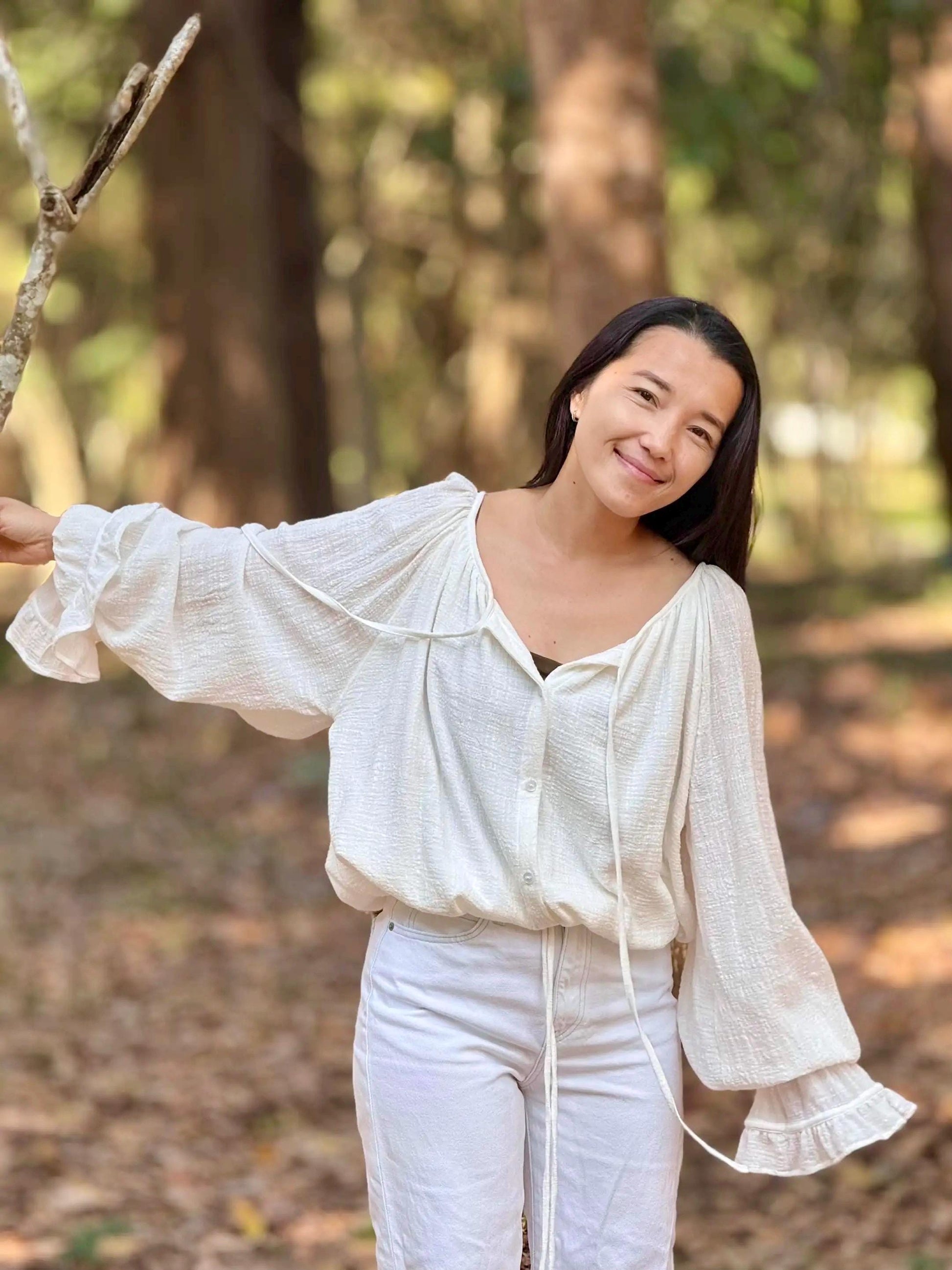 Minimal Cotton Linen Bow Blouse