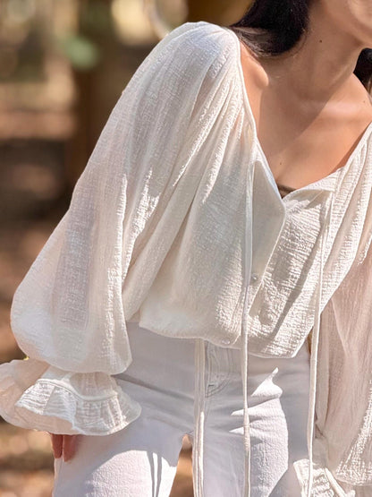Minimal Cotton Linen Bow Blouse