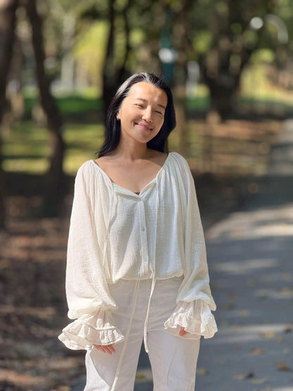 Minimal Cotton Linen Bow Blouse